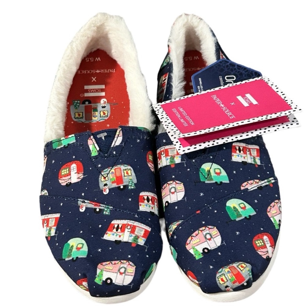 New TOMS Alpargata Paper Source Holiday Campers Slip On Shoes Size 5.5